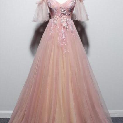Elegant Straps V-neckline Tulle Formal Prom Dress,..