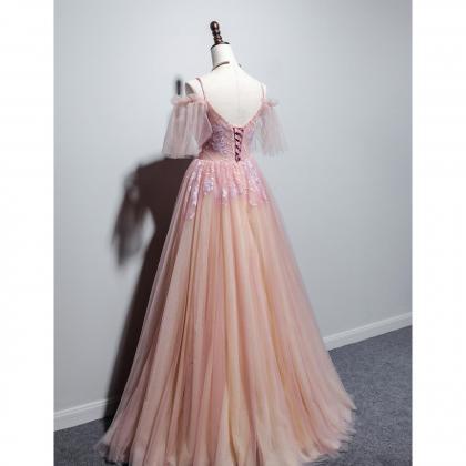 Elegant Straps V-neckline Tulle Formal Prom Dress,..