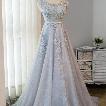 Elegant Lace O-neckline Tulle Formal Prom Dress,..