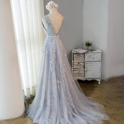 Elegant Lace O-neckline Tulle Formal Prom Dress,..