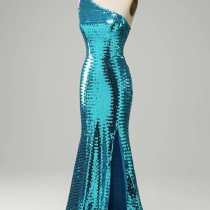 Prom Dresses, Sparkly Blue Sequins One Shoulder..