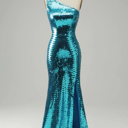 Prom Dresses, Sparkly Blue Sequins One Shoulder..