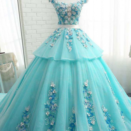 Prom Dresses, Tiffany Blue Round Neck Tulle Lace..