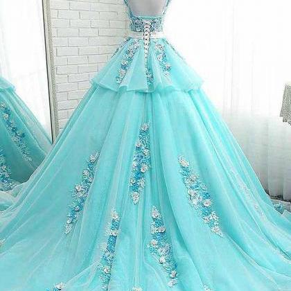 Prom Dresses, Tiffany Blue Round Neck Tulle Lace..