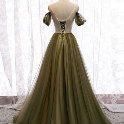 Prom Dresses, Simple Green V Neck Tulle Long Prom..