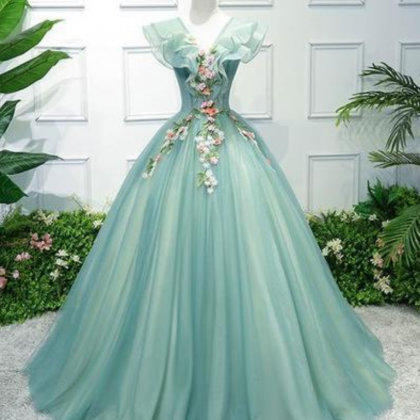 Prom Dresses, Green Tulle Lace Long Prom Dress,..
