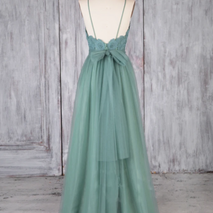 Prom Dresses, Green Tulle Lace Long Prom Dress..