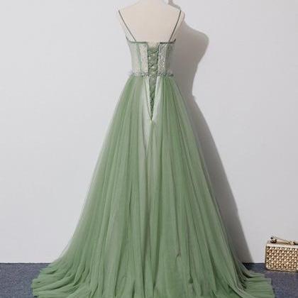 Prom Dresses, Green Tulle Lace Long Prom Dress..