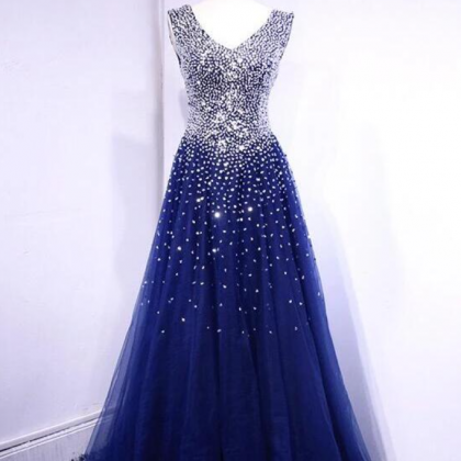 Prom Dresses,luxury Beaded V-neck Royal Blue Long..
