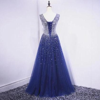 Prom Dresses,luxury Beaded V-neck Royal Blue Long..