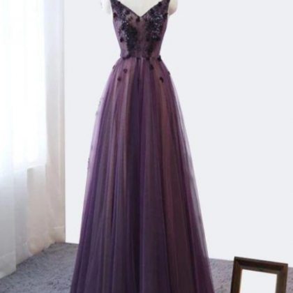 Prom Dresses, Purple V-neckline Tulle Lace..