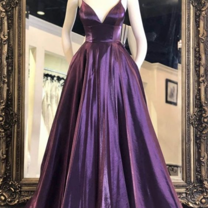 Prom Dresses, V Neck Purple Satin Long Prom..