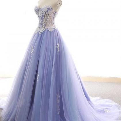Prom Dresses, Purple Tulle Lace Long Prom Dress..