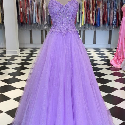Prom Dresses, Purple Lace Applique Tulle Long..