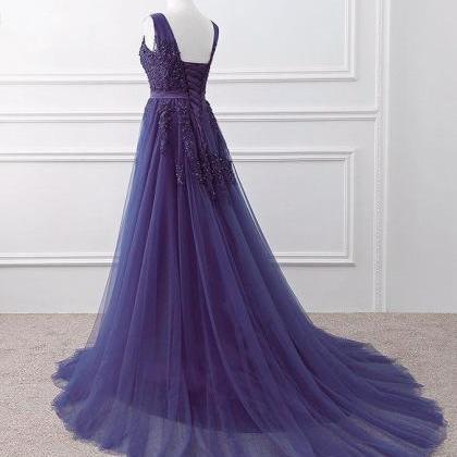 Prom Dresses, Purple Tulle V-neckline Long Party..