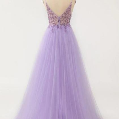 Prom Dresses, Purple Beaded Tulle Long Prom Dress..