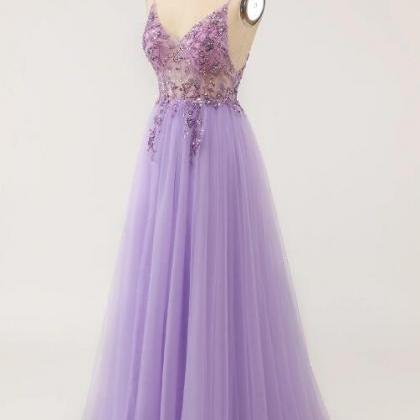 Prom Dresses, Purple Beaded Tulle Long Prom Dress..