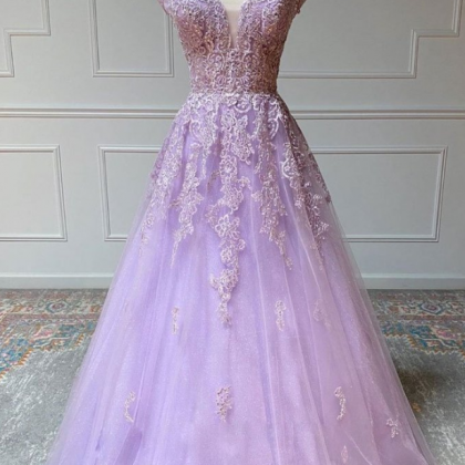 Prom Dresses, Purple Tulle Long V Neck Lace Dress,..