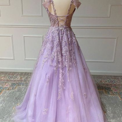 Prom Dresses, Purple Tulle Long V Neck Lace Dress,..