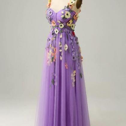 Prom Dresses, A Line Purple Spaghetti Straps Prom..