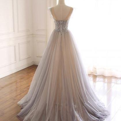 Prom Dresses, Gray Purple Round Neck Tulle Long..