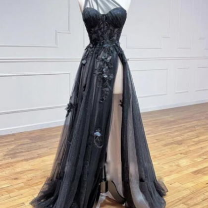 Prom Dresses, Black Lace Floral Long Prom Dresses,..