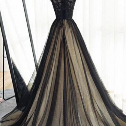 Prom Dresses,black Tulle Cap Sleeves Floor-length..