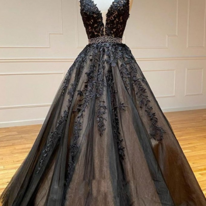 Prom Dresses, Black Tulle Lace V Neck Long Halter..