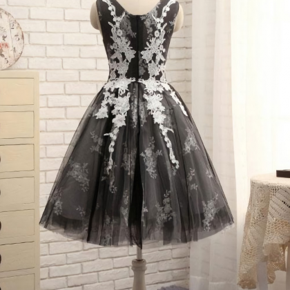 Homecoming Dresses, Black Round Neck Tulle Lace..