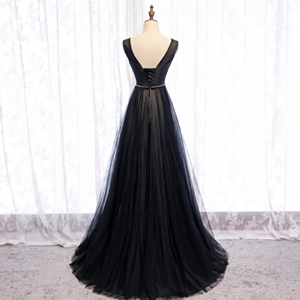Prom Dresses, Black V Neck Tulle Long Prom Dress..