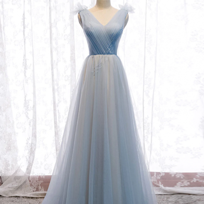 Prom Dresses, Simple Blue V Neck Tulle Long Prom..