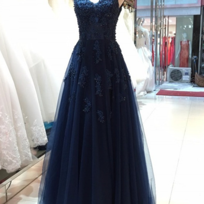 Prom Dresses,a Line Navy Blue Tulle Long Prom..