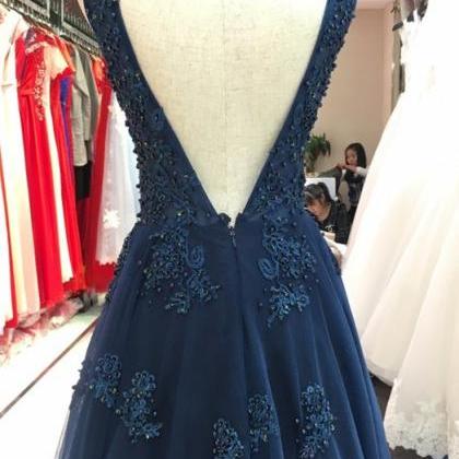 Prom Dresses,a Line Navy Blue Tulle Long Prom..