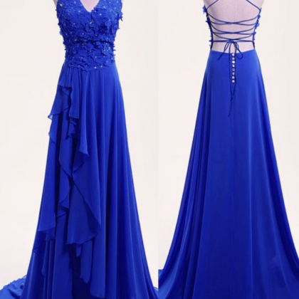 Prom Dresses,high Quality Blue Chiffon V-neckline..