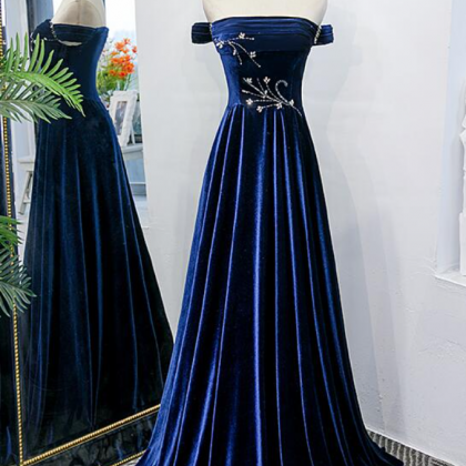 Prom Dresses,blue Long Velvet Beaded Elegant Off..