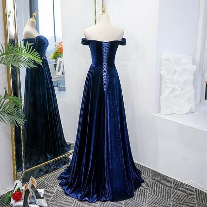 Prom Dresses,blue Long Velvet Beaded Elegant Off..