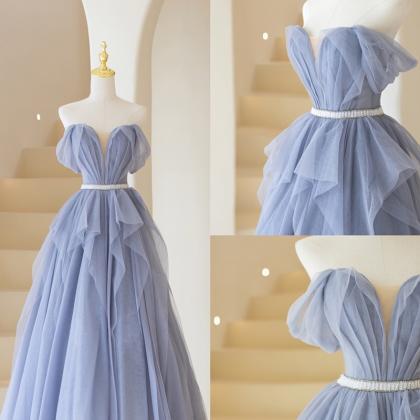 Prom Dresses,blue Tulle Strapless Evening Dresses,..