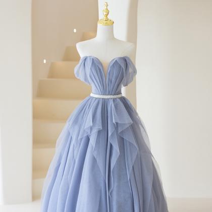 Prom Dresses,blue Tulle Strapless Evening Dresses,..