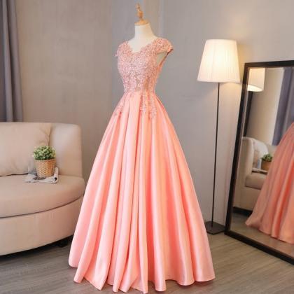 Prom Dresses,v-neck Guest Dresses, Pink Satin..