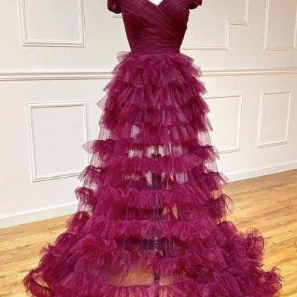 Prom Dresses,burgundy Tulle Sweetheart Neck Long..
