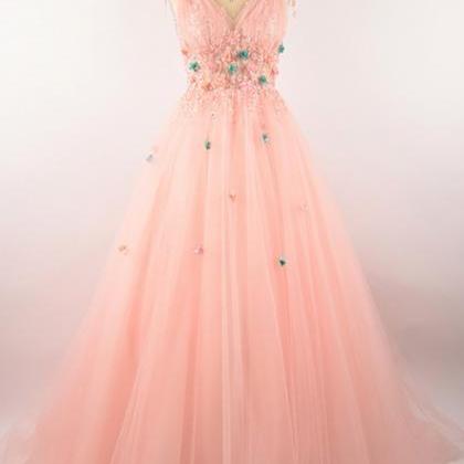 Prom Dresses,pink Tulle Long Prom Dress, Flower..