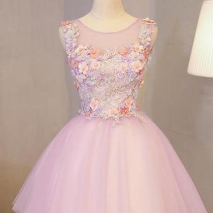 Homecoming Dresses,cute Pink Round Neckline Tulle..