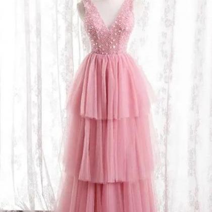 Prom Dresses,pink Party Dress,v-neck Formal..