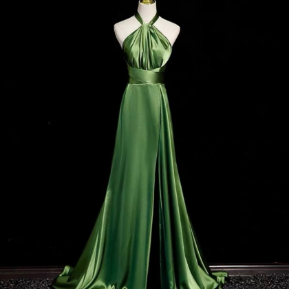 Prom Dresses,halter Neck Prom Dress,green Satin..