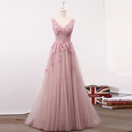 Prom Dresses,blush Pink V Neckline Two Straps Lace..