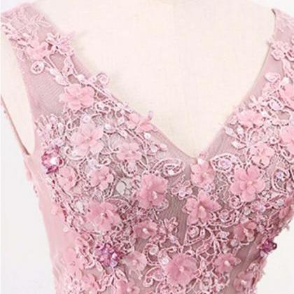 Prom Dresses,blush Pink V Neckline Two Straps Lace..