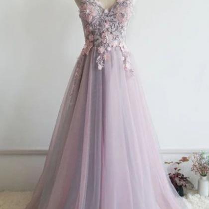 Prom Dresses,lovely Pink V-neckline Floral Lace..