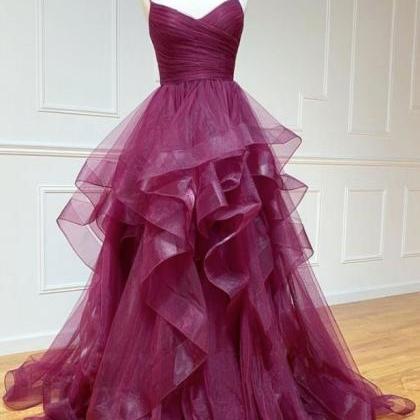 Prom Dresses,elegant Tiered Prom Dress, Burgundy..
