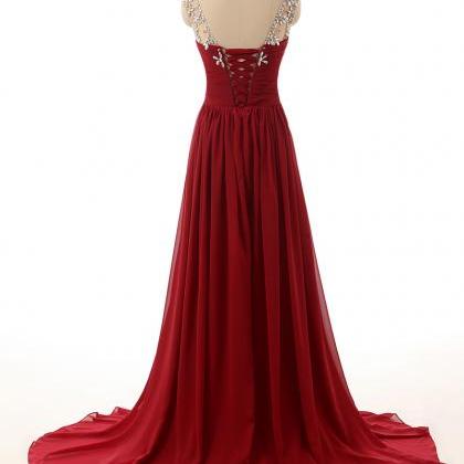 Prom Dresses,pretty Chiffon Wine Red Long Beaded..