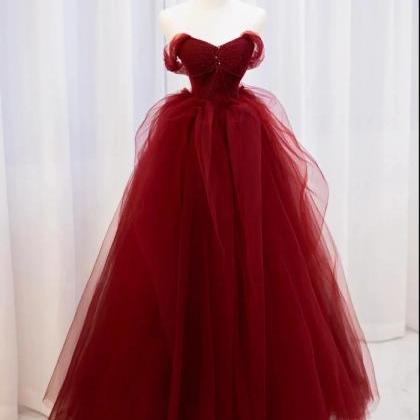 Prom Dresses,burgundy Off Shoulder Tulle Lace Long..